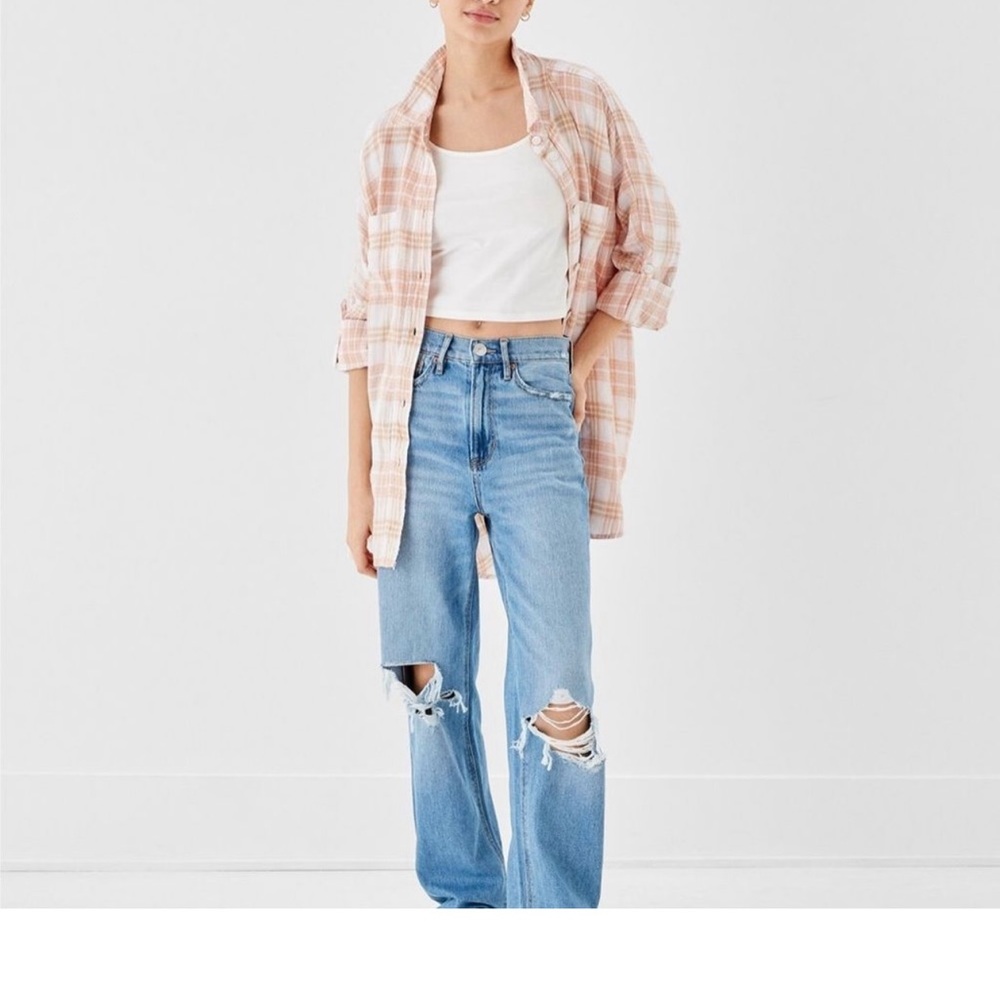 American Eagle Women’s Oversized Plaid Peach Multi Shirt Size Small NWT